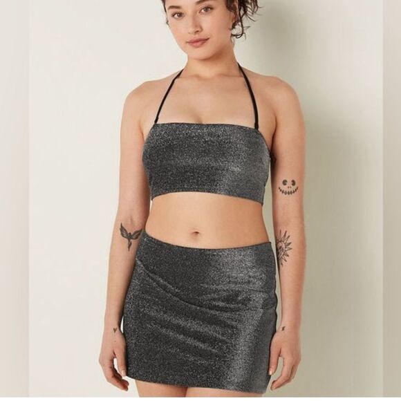 Victorias Secret Swim Set Shimmer Strapless Padded Bikini top & Skirt gray Large - Picture 1 of 11